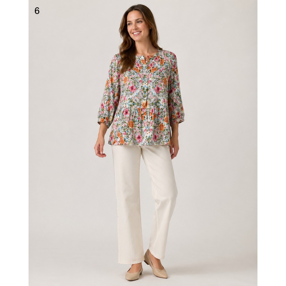 J. Jill Popover Blouse Womens‎ Small Petite White Floral Print Rayon Ruffle Hem